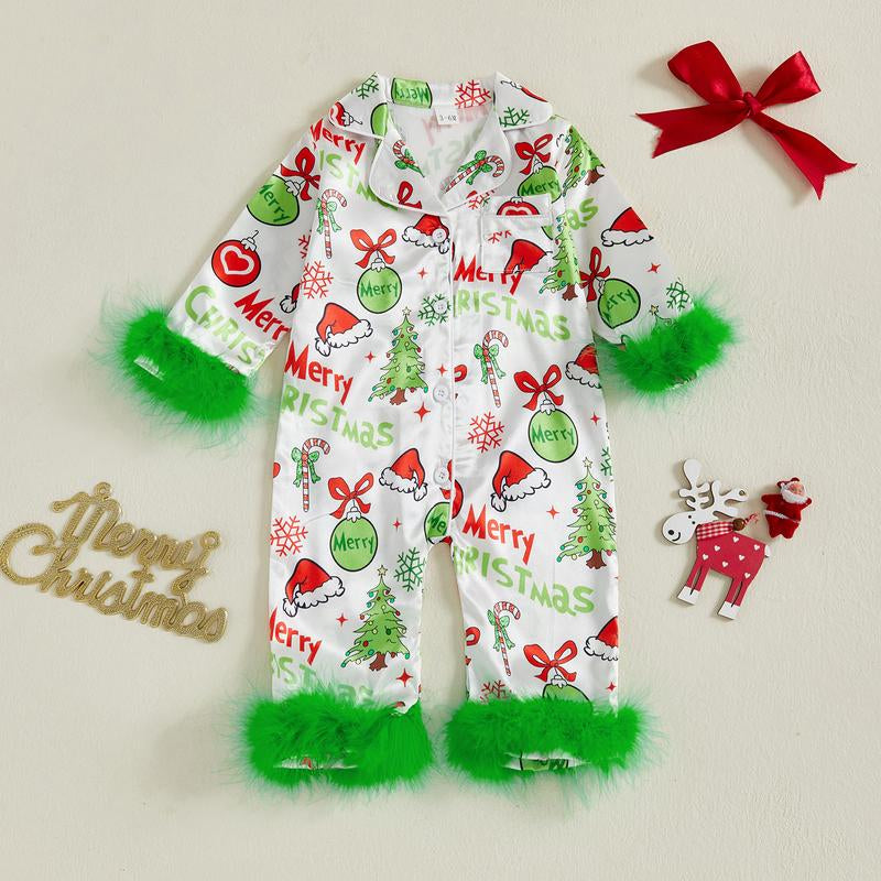 Baby Girl Christmas Pajamas Christmas Element Print Fur Trim Button down Lapel V Neck Long Sleeve Romper
