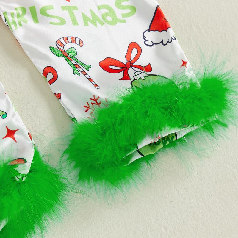 Baby Girl Christmas Pajamas Christmas Element Print Fur Trim Button down Lapel V Neck Long Sleeve Romper