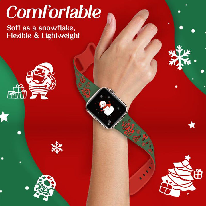 Christmas Engraved Silicone Watch Band Women Compatible with Apple Watch 38/40/41/42Mm(S10) Two-Tone Santa Claus Soft Lightweight Sport Strap for Iwatch Series 10/9/8/7/6/5/4/3/2/1/SE Red/Green Wearable