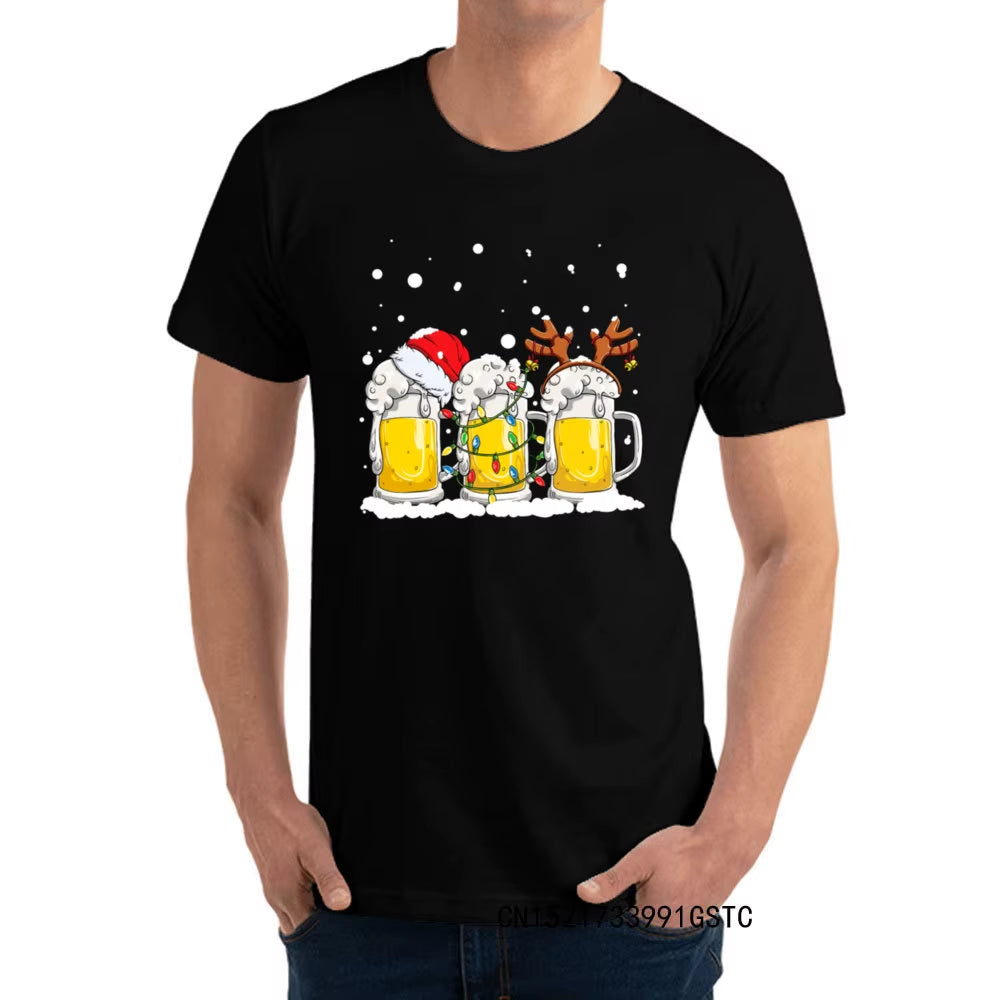 Fashionable Beer Christmas Mug Santa Reinbeer Xmas Lights T-Shirts for Men Popular O Neck Premium Cotton T-Shirts Fashion Tees
