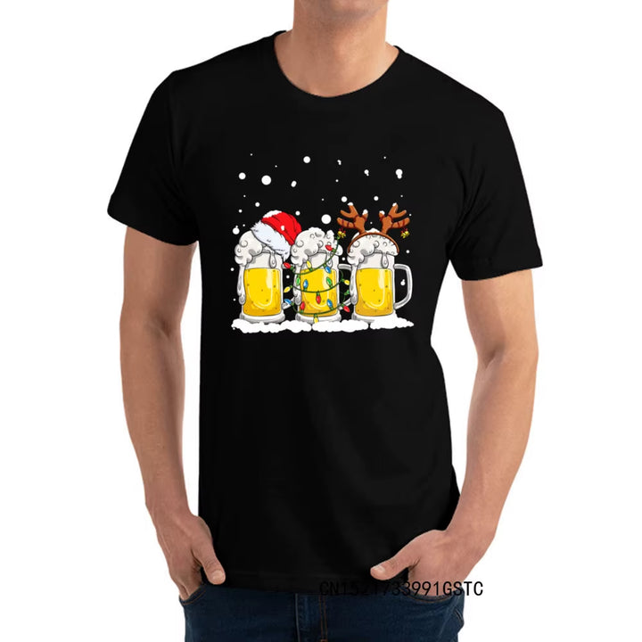 Fashionable Beer Christmas Mug Santa Reinbeer Xmas Lights T-Shirts for Men Popular O Neck Premium Cotton T-Shirts Fashion Tees