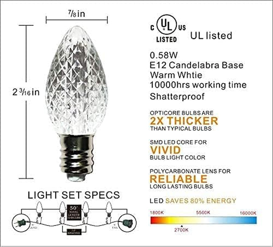 Outdoor String Lights, C7 Outdoor Christmas Lights,25 Interchangeable Colored Christmas Lights, Christmas Lights for Christmas Trees, Decks, Gardens, Parties String Lights (Sun Warm White)