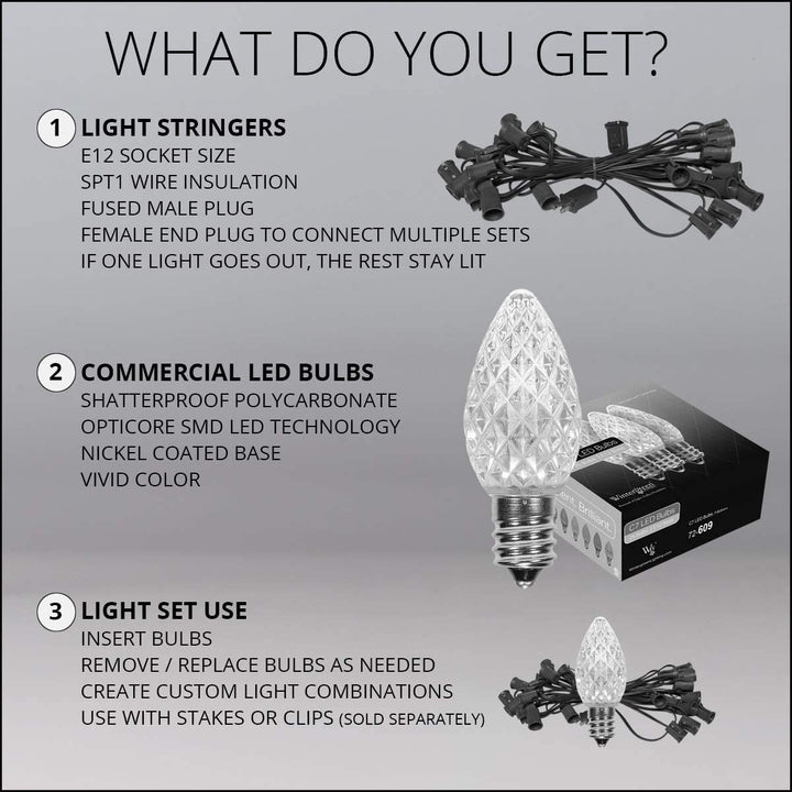 25 C7 Opticore Commercial Green Christmas Lights - Heavy Duty LED Bulbs for St Patrick'S Day, Holiday, Party; 18 Gauge Green Wire (25 Ft)