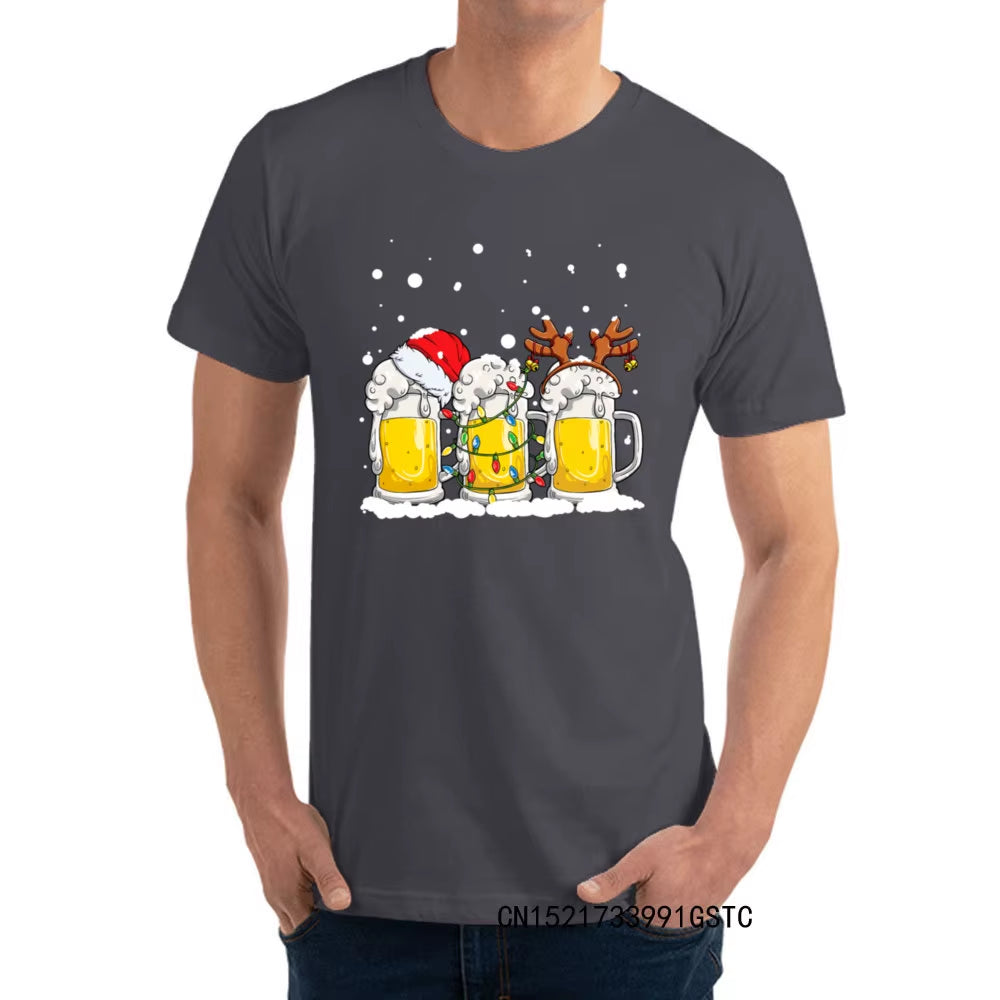Fashionable Beer Christmas Mug Santa Reinbeer Xmas Lights T-Shirts for Men Popular O Neck Premium Cotton T-Shirts Fashion Tees