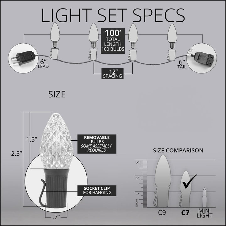 C7 Opticore Commercial Grade Warm White Christmas Lights – Heavy Duty Outdoor Holiday Bulbs on 18-Gauge Green Wire (100 Lights, 100 Ft)