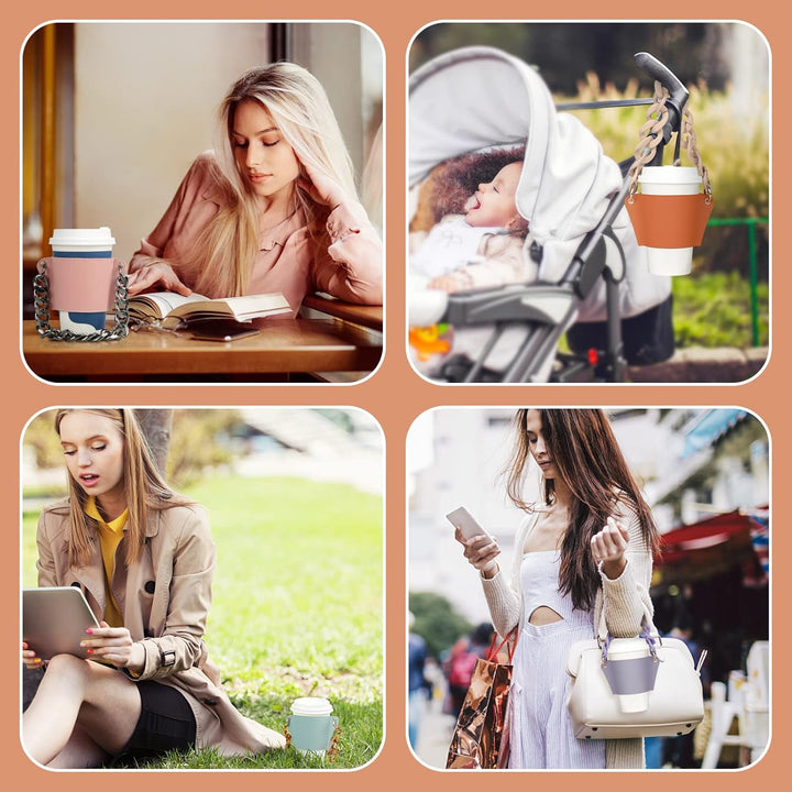 Coffee Sleeves Reusable Coffee Cup Holder with Handle，Decorative Chain to Carry, PU Leather Cup Sleeve, Stylish Cold Drink Holder Portable Cup for Latte Tea Starbucks, Mccafedunkin Donuts