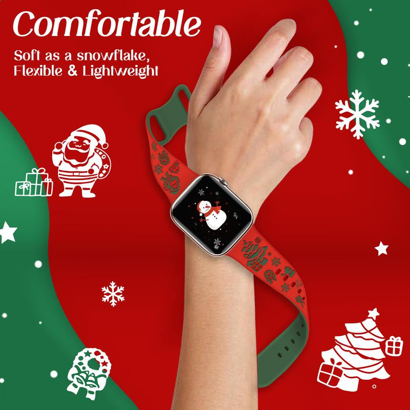 Christmas Engraved Silicone Watch Band Women Compatible with Apple Watch 38/40/41/42Mm(S10) Two-Tone Santa Claus Soft Lightweight Sport Strap for Iwatch Series 10/9/8/7/6/5/4/3/2/1/SE Red/Green Wearable