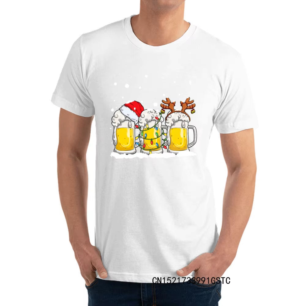 Fashionable Beer Christmas Mug Santa Reinbeer Xmas Lights T-Shirts for Men Popular O Neck Premium Cotton T-Shirts Fashion Tees