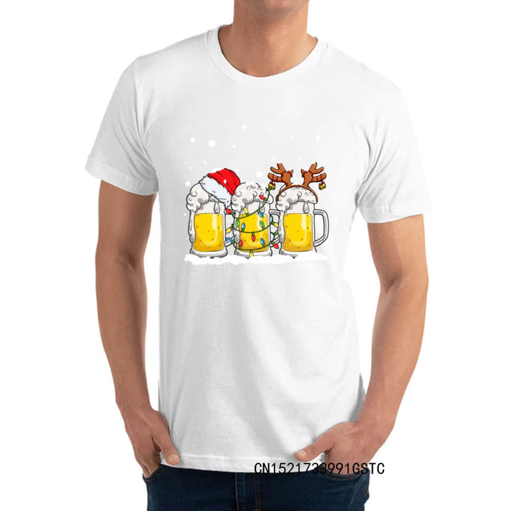 Fashionable Beer Christmas Mug Santa Reinbeer Xmas Lights T-Shirts for Men Popular O Neck Premium Cotton T-Shirts Fashion Tees