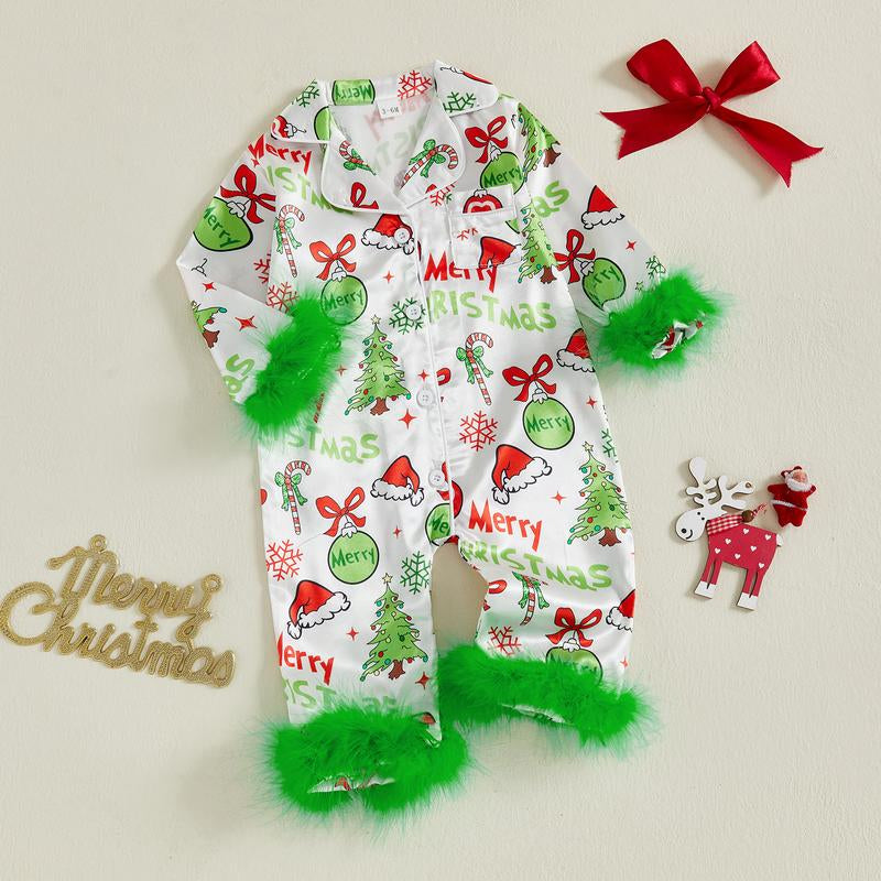 Baby Girl Christmas Pajamas Christmas Element Print Fur Trim Button down Lapel V Neck Long Sleeve Romper