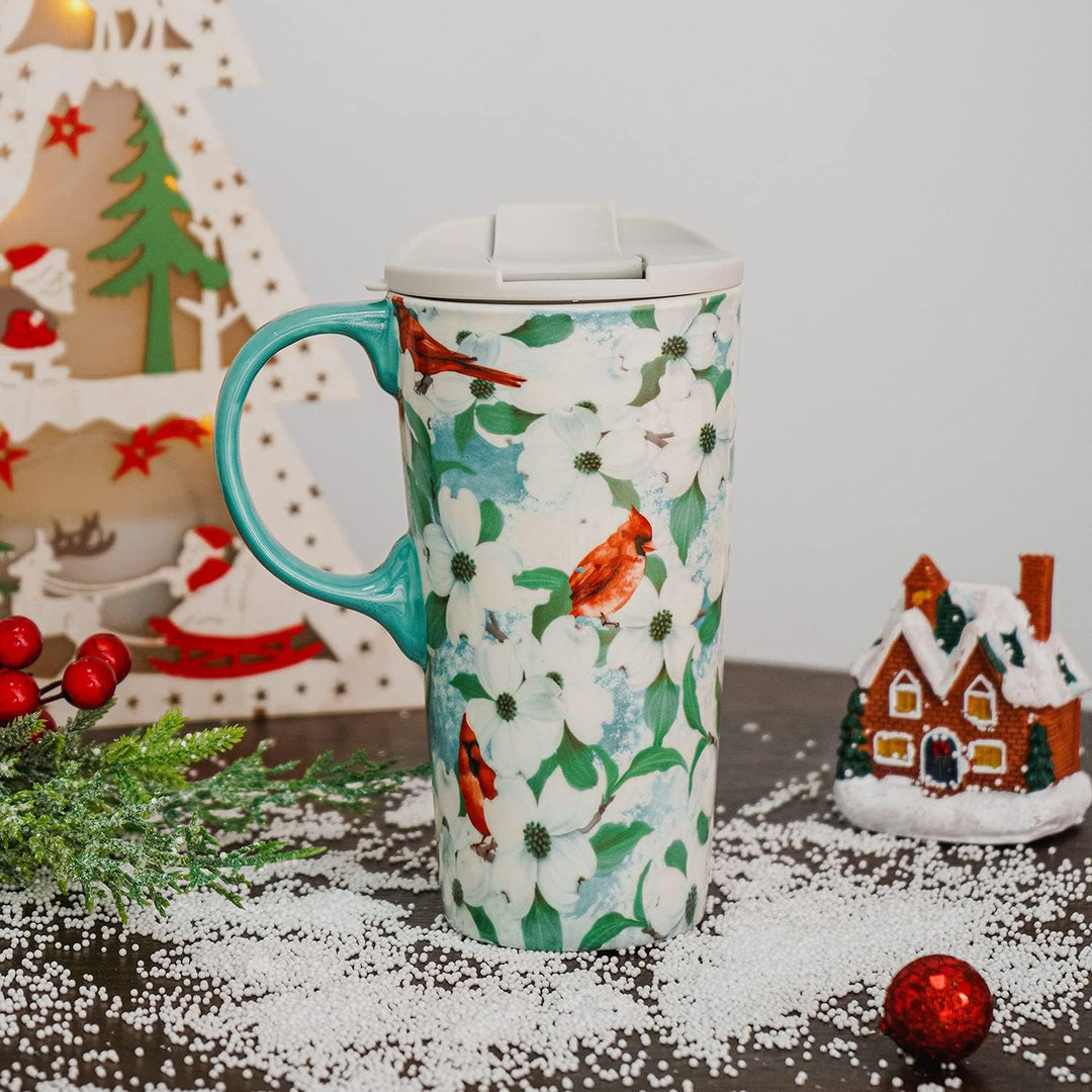 Coffee Ceramic Mug Christmas Mug Porcelain Latte Tea Cup with Lid in Box 17Oz., Cardinal Bird