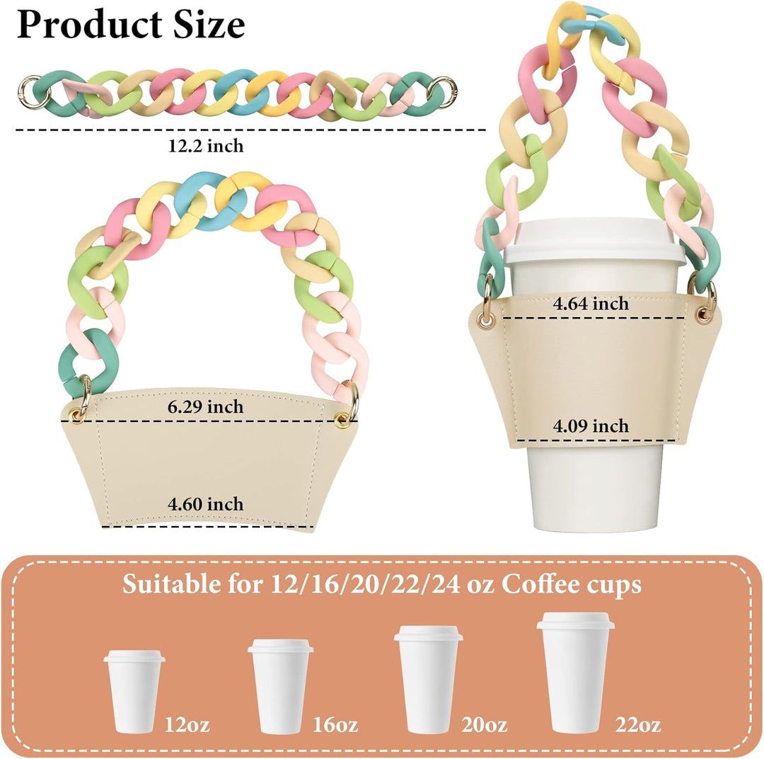 Coffee Sleeves Reusable Coffee Cup Holder with Handle，Decorative Chain to Carry, PU Leather Cup Sleeve, Stylish Cold Drink Holder Portable Cup for Latte Tea Starbucks, Mccafedunkin Donuts