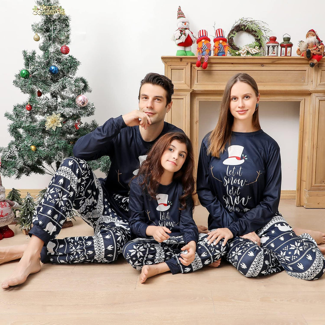 Matching Christmas Pajamas for Family, Funny Holiday Cute Let It Snow Print Tops Plaid Pants Xmas Sleepwear Pjs Set