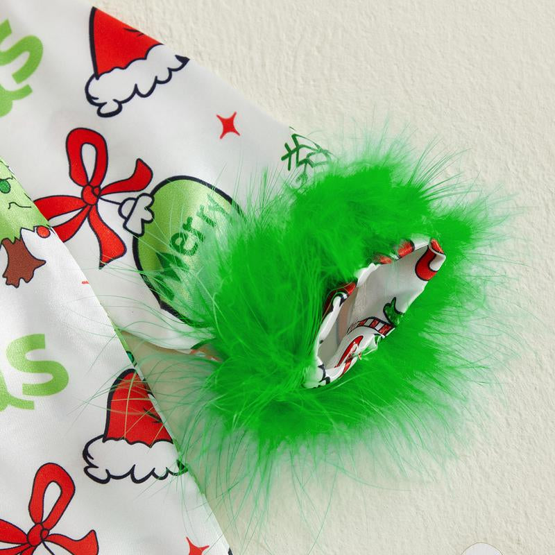 Baby Girl Christmas Pajamas Christmas Element Print Fur Trim Button down Lapel V Neck Long Sleeve Romper