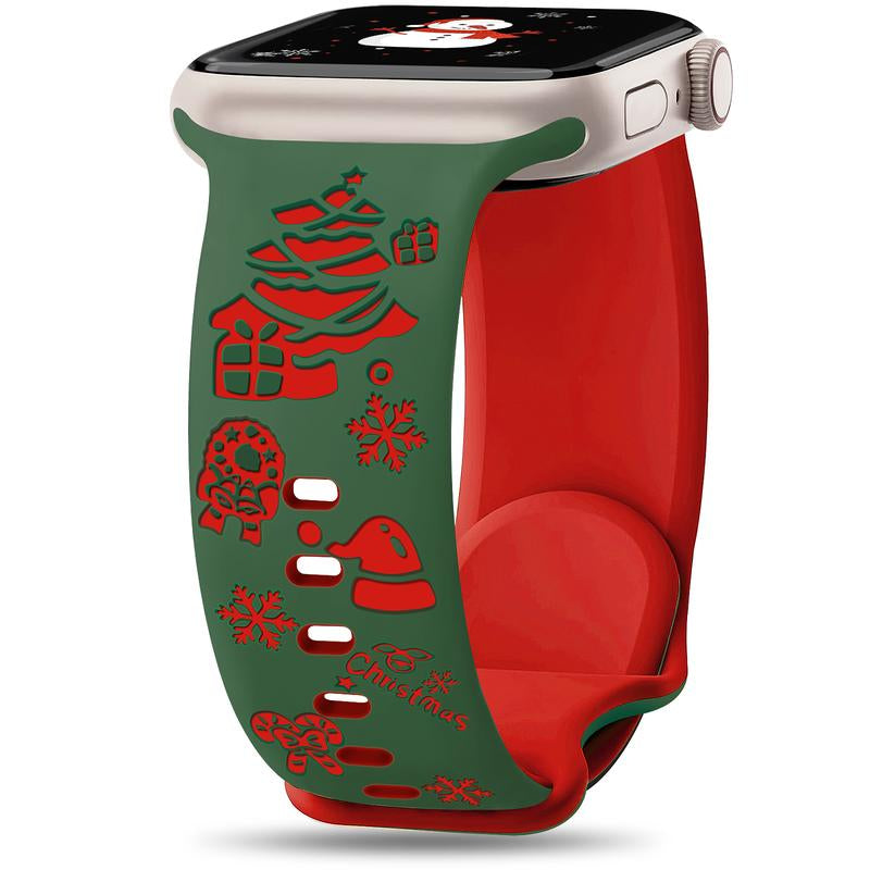 Christmas Engraved Silicone Watch Band Women Compatible with Apple Watch 38/40/41/42Mm(S10) Two-Tone Santa Claus Soft Lightweight Sport Strap for Iwatch Series 10/9/8/7/6/5/4/3/2/1/SE Red/Green Wearable