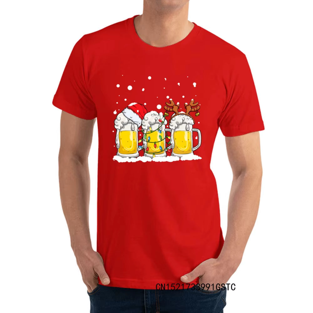 Fashionable Beer Christmas Mug Santa Reinbeer Xmas Lights T-Shirts for Men Popular O Neck Premium Cotton T-Shirts Fashion Tees