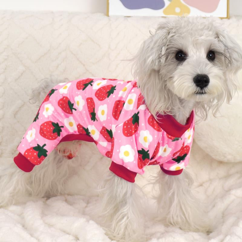 XPUDAC 4 Pieces Duckie & Strawberry Pattern Pajamas for Dogs Cozy Breathable Puppy Onesies Outfits for Doggie Cats Christmas Shirts Sleepwear Poodle Puppy Universal Fit Soft Material Easy Pull-On Design