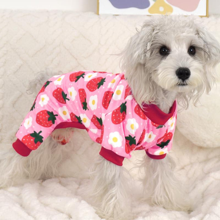 XPUDAC 4 Pieces Duckie & Strawberry Pattern Pajamas for Dogs Cozy Breathable Puppy Onesies Outfits for Doggie Cats Christmas Shirts Sleepwear Poodle Puppy Universal Fit Soft Material Easy Pull-On Design