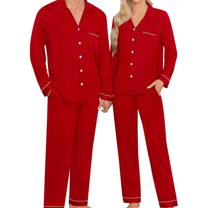 SWOMOG Matching Couple Christmas Pajamas Set Modal Long Sleeve Button-Down Sleepwear Family Clothing Sets Pants Womenswear Breathable Suits Red Elastic Black Casual