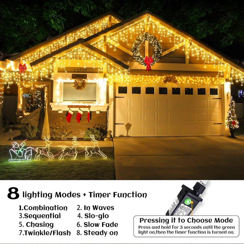 400 LED 33Ft Warm White Icicle Christmas Lights Outdoor Waterproof Curtain String Lights with 8 Modes for Holiday Home Party Decor