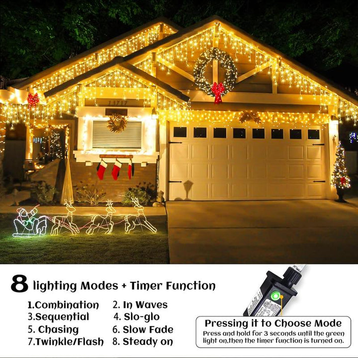400 LED 33Ft Warm White Icicle Christmas Lights Outdoor Waterproof Curtain String Lights with 8 Modes for Holiday Home Party Decor