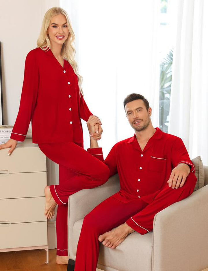 SWOMOG Matching Couple Christmas Pajamas Set Modal Long Sleeve Button-Down Sleepwear Family Clothing Sets Pants Womenswear Breathable Suits Red Elastic Black Casual