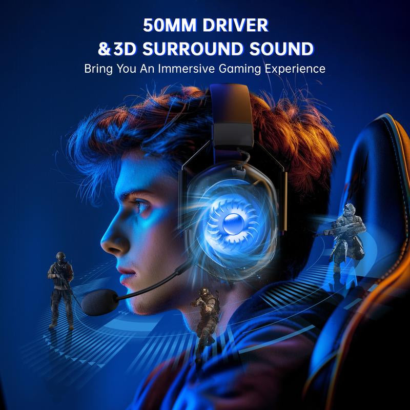 Wireless Gaming Headset for Xbox Series X|S, Xbox One, PC, PS5/4, Mac, Mobile, Switch, 3D Surround Sound, Bluetooth 5.3, 60H Battery, Gaming Headphones with Detachable Noise Canceling Mic