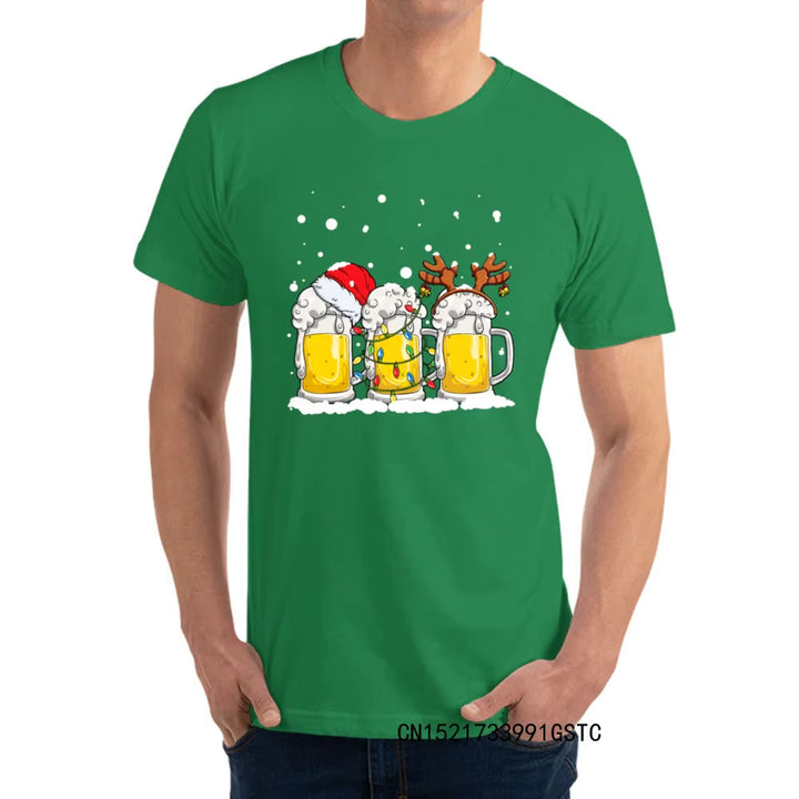 Fashionable Beer Christmas Mug Santa Reinbeer Xmas Lights T-Shirts for Men Popular O Neck Premium Cotton T-Shirts Fashion Tees