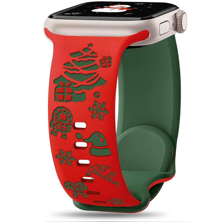 Christmas Engraved Silicone Watch Band Women Compatible with Apple Watch 38/40/41/42Mm(S10) Two-Tone Santa Claus Soft Lightweight Sport Strap for Iwatch Series 10/9/8/7/6/5/4/3/2/1/SE Red/Green Wearable