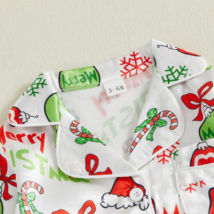 Baby Girl Christmas Pajamas Christmas Element Print Fur Trim Button down Lapel V Neck Long Sleeve Romper