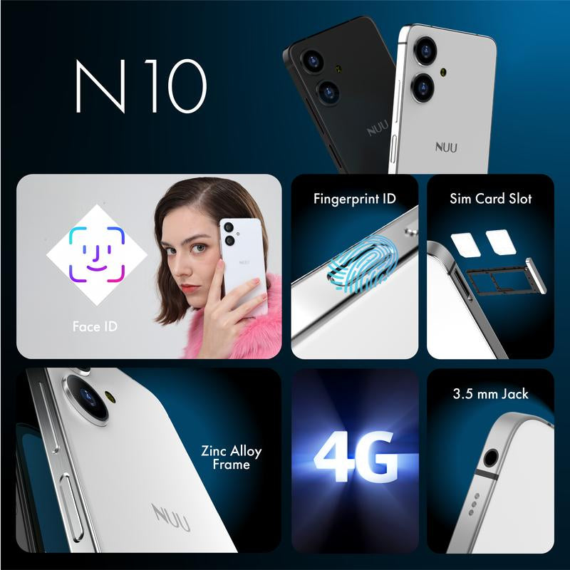 NUU N10 Unlock Smartphone 8GB(4GB+4GB Virtual RAM) +128GB,13MP + 5MP Camera,Android 14 Dual SIM 4G,8-Core 6.6" 90Hz Hd+,5000Mah Battery ,1 Year US Warranty
