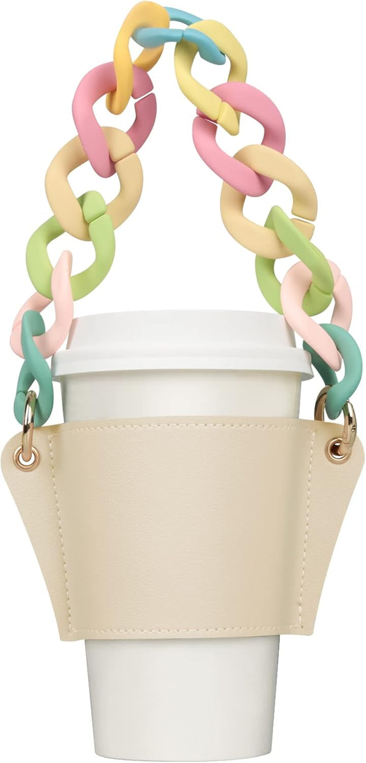 Coffee Sleeves Reusable Coffee Cup Holder with Handle，Decorative Chain to Carry, PU Leather Cup Sleeve, Stylish Cold Drink Holder Portable Cup for Latte Tea Starbucks, Mccafedunkin Donuts