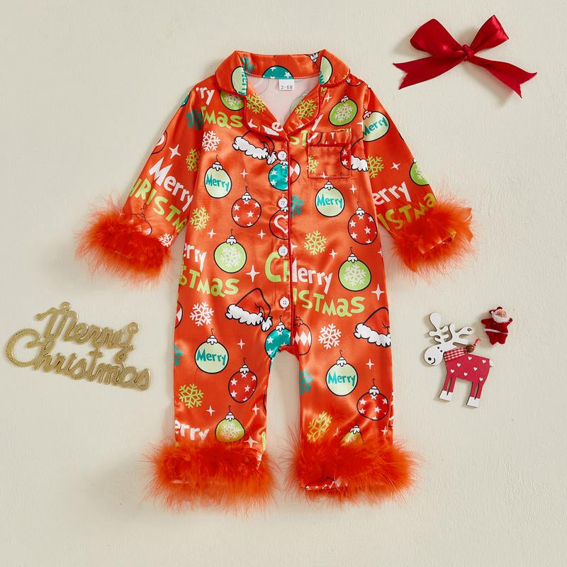 Baby Girl Christmas Pajamas Christmas Element Print Fur Trim Button down Lapel V Neck Long Sleeve Romper