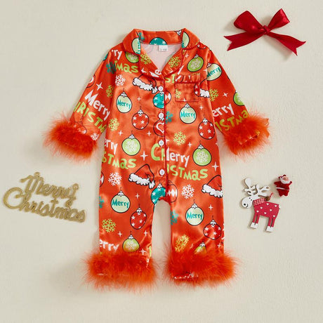 Baby Girl Christmas Pajamas Christmas Element Print Fur Trim Button down Lapel V Neck Long Sleeve Romper