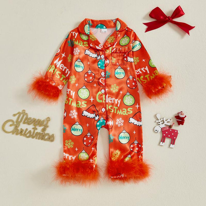 Baby Girl Christmas Pajamas Christmas Element Print Fur Trim Button down Lapel V Neck Long Sleeve Romper