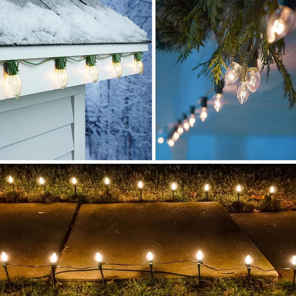 C7 Christmas String Lights, 25Ft Vintage Clear Lights with 27 Clear Incandescent Bulbs (2 Spare), Outdoor String Lights for Backyard Wedding Christmas Party, Green Wire