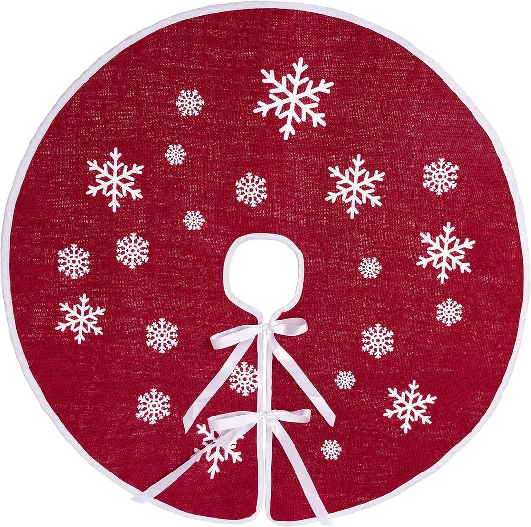 Christmas Small Tree Skirt, 24 Inch Red Burlap Tree Mat with White Snowflake Printed for Xmas Tree Holiday Party Home Indoor Farmhouse Winter Decorations