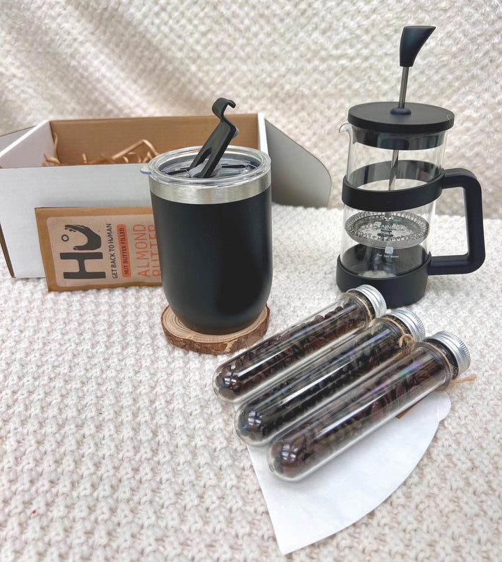 Coffee Lover Gift Box: French Press, Mug & Gourmet Coffee Samples