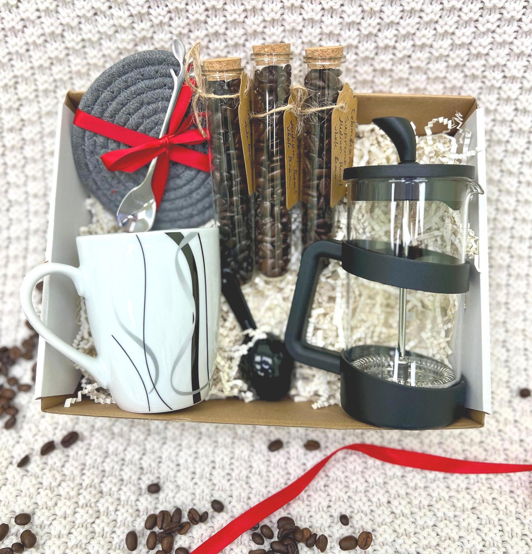 Coffee Lover Gift Box: French Press, Mug & Gourmet Coffee Samples